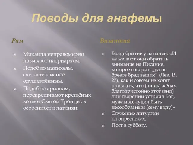 Поводы для анафемы Рим Византия Михаила неправомерно называют патриархом. Подобно манихеям, считают