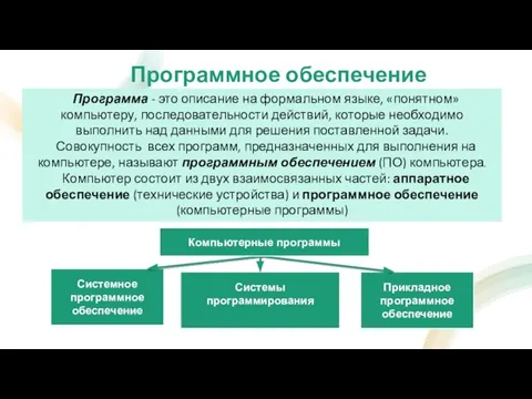 Прикладное программное обеспечение Системное программное обеспечение Системы программирования Программное обеспечение Программа -