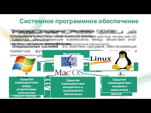 Системное программное обеспечение Системное программное обеспечение включает в себя операционную систему и