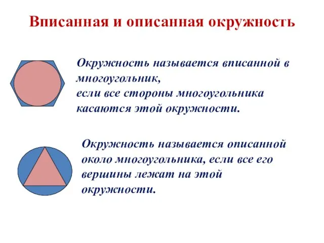 Вписанная и описанная окружность Окружность называется вписанной в многоугольник, если все стороны