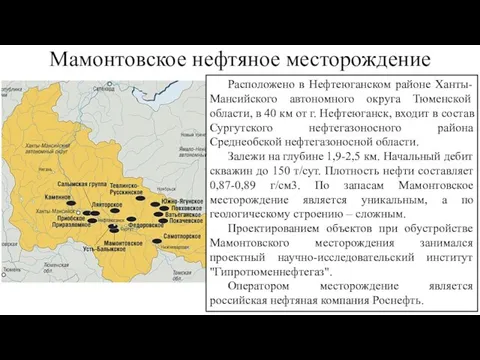 Мамонтовское нефтяное месторождение Расположено в Нефтеюганском районе Ханты-Мансийского автономного округа Тюменской области,