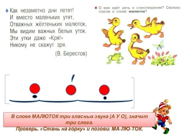 В слове МАЛЮТОК три гласных звука [А У О], значит три слога.