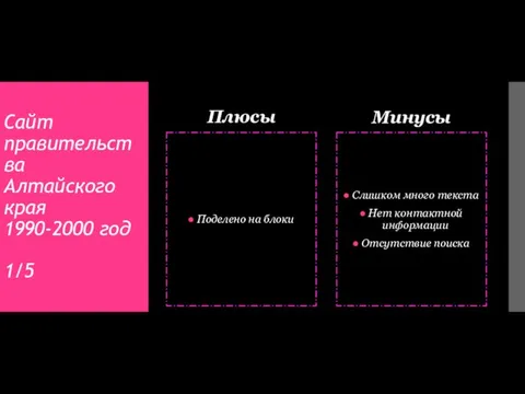 Сайт правительства Алтайского края 1990-2000 год 1/5 Плюсы Поделено на блоки Минусы