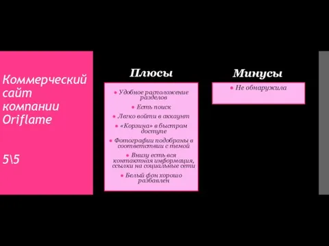 Коммерческий сайт компании Oriflame 5\5 Плюсы Удобное расположение разделов Есть поиск Легко