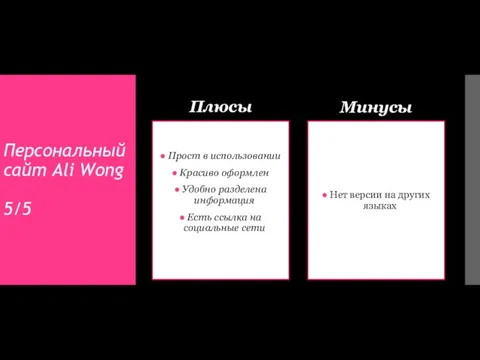 Персональный сайт Ali Wong 5/5 Плюсы Прост в использовании Красиво оформлен Удобно