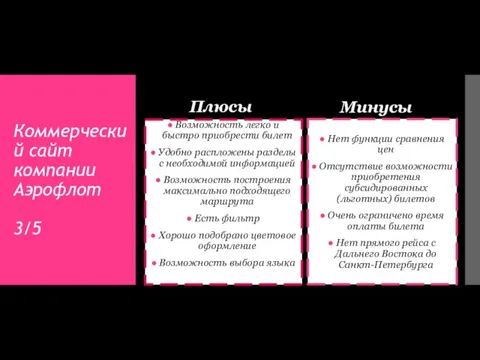 Коммерческий сайт компании Аэрофлот 3/5 Плюсы Возможность легко и быстро приобрести билет