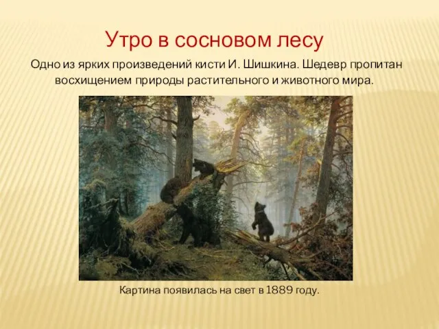 Картина появилась на свет в 1889 году. Утро в сосновом лесу Одно