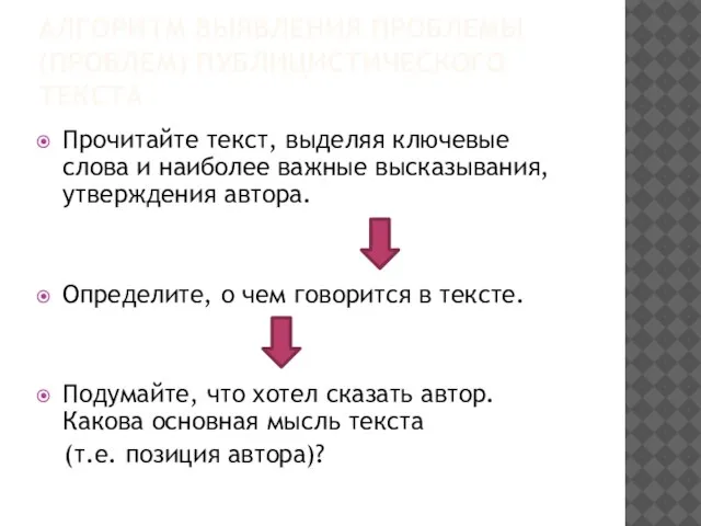 АЛГОРИТМ ВЫЯВЛЕНИЯ ПРОБЛЕМЫ (ПРОБЛЕМ) ПУБЛИЦИСТИЧЕСКОГО ТЕКСТА Прочитайте текст, выделяя ключевые слова и