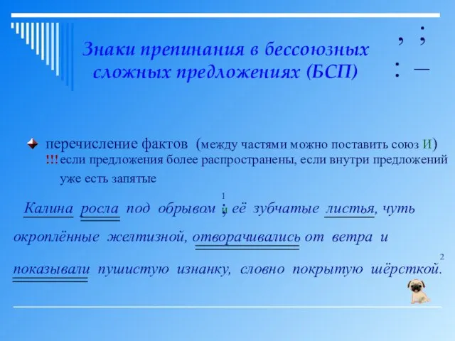 Знаки препинания в бессоюзных сложных предложениях (БСП) , ; : – перечисление