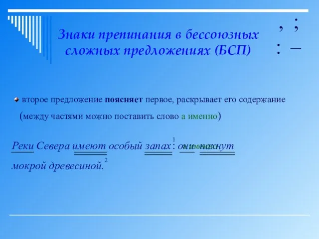 Знаки препинания в бессоюзных сложных предложениях (БСП) , ; : – второе