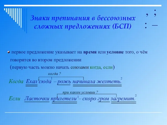 Знаки препинания в бессоюзных сложных предложениях (БСП) , ; : – первое