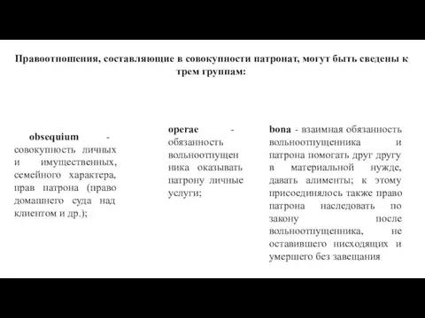 Правоотношения, составляющие в совокупности патронат, могут быть сведены к трем группам: obsequium