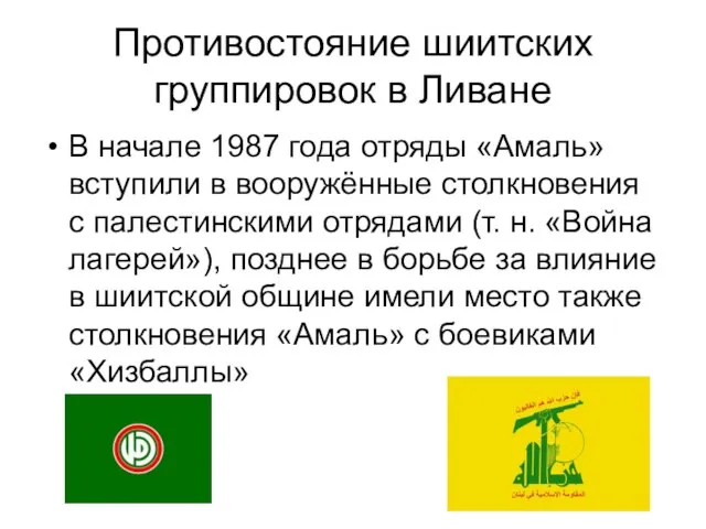 Противостояние шиитских группировок в Ливане В начале 1987 года отряды «Амаль» вступили