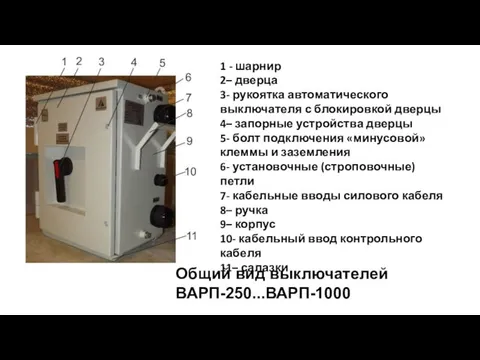 1 - шарнир 2– дверца 3- рукоятка автоматического выключателя с блокировкой дверцы