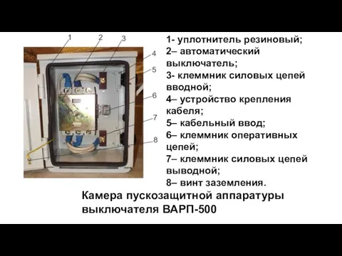 Камера пускозащитной аппаратуры выключателя ВАРП-500 1- уплотнитель резиновый; 2– автоматический выключатель; 3-