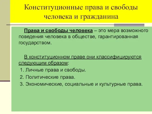 Конституционные права и свободы человека и гражданина Права и свободы человека –