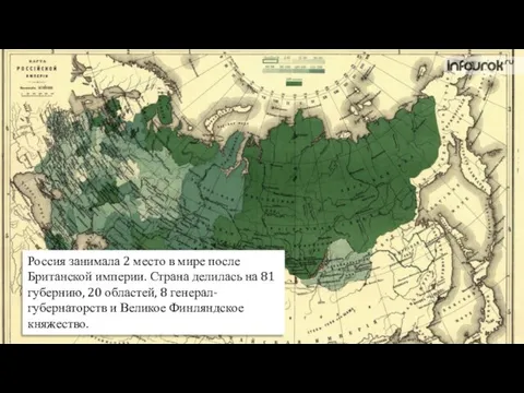 Россия занимала 2 место в мире после Британской империи. Страна делилась на