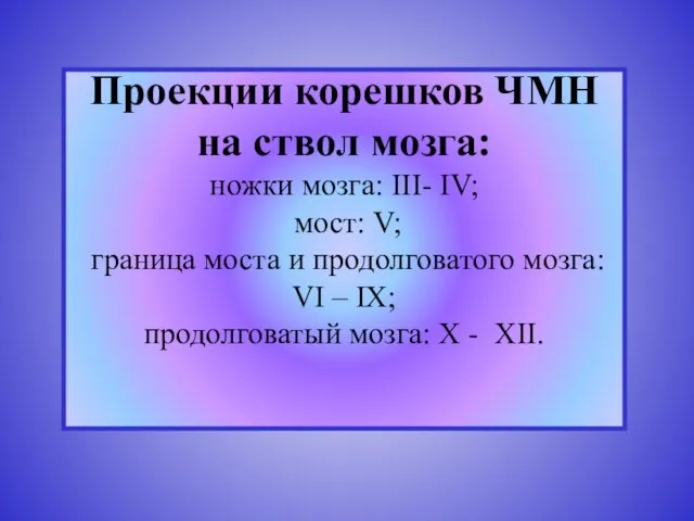 Проекции корешков ЧМН на ствол мозга: ножки мозга: III- IV; мост: V;