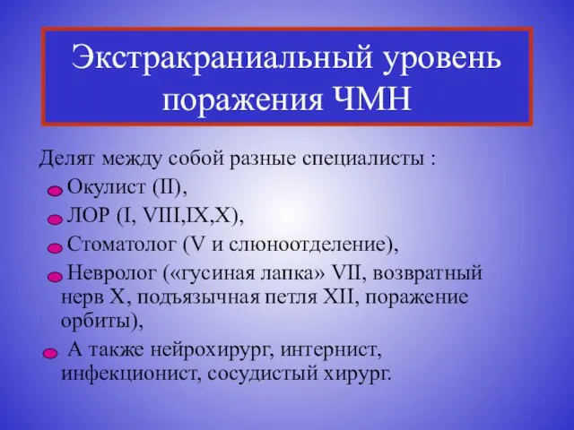 Экстракраниальный уровень поражения ЧМН Делят между собой разные специалисты : Окулист (II),