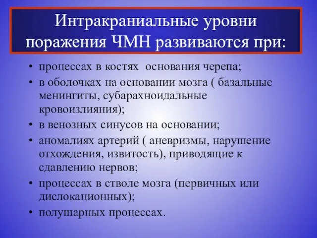 Интракраниальные уровни поражения ЧМН развиваются при: процессах в костях основания черепа; в