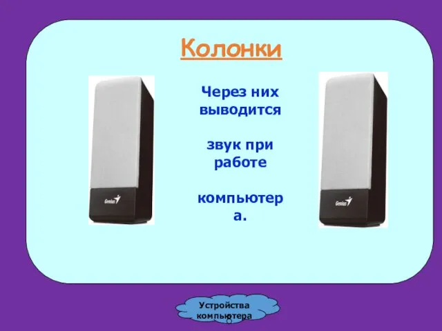 Колонки Через них выводится звук при работе компьютера. Устройства компьютера