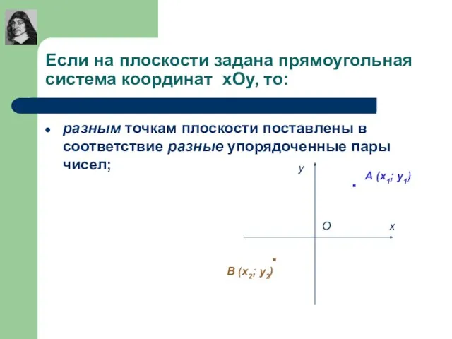 Если на плоскости задана прямоугольная система координат хОу, то: разным точкам плоскости