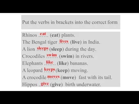 Put the verbs in brackets into the correct form Rhinos …… (eat)