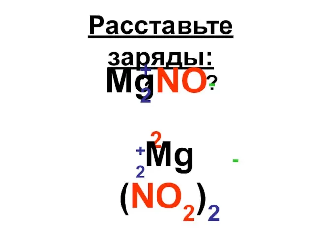 Расставьте заряды: MgNO2 ? ? - +2 Mg (NO2)2 - +2