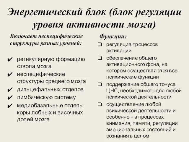 Энергетический блок (блок регуляции уровня активности мозга) Включает неспецифические структуры разных уровней: