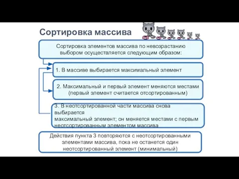 Сортировка массива 1. В массиве выбирается максимальный элемент 2. Максимальный и первый