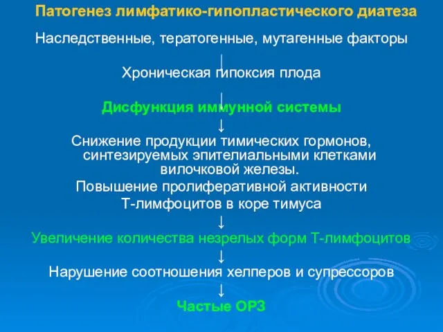 Патогенез лимфатико-гипопластического диатеза Наследственные, тератогенные, мутагенные факторы Хроническая гипоксия плода Дисфункция иммунной