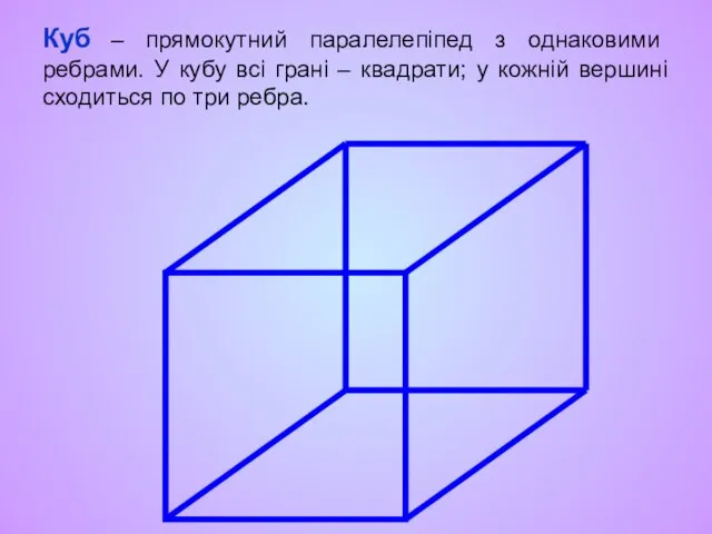 Куб – прямокутний паралелепіпед з однаковими ребрами. У кубу всі грані –