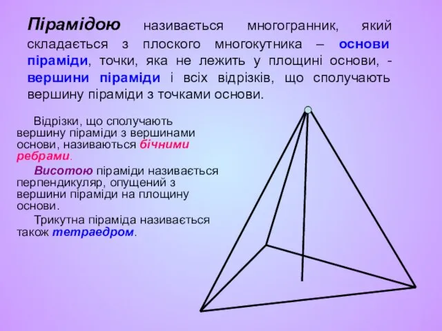 Пірамідою називається многогранник, який складається з плоского многокутника – основи піраміди, точки,