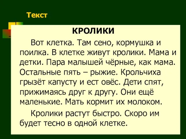 Текст КРОЛИКИ Вот клетка. Там сено, кормушка и поилка. В клетке живут