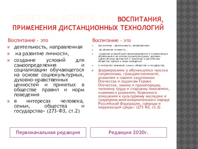 ОТВЕТ НА ВОПРОС 11: ВОСПИТАНИЯ, ПРИМЕНЕНИЯ ДИСТАНЦИОННЫХ ТЕХНОЛОГИЙ Первоначальная редакция Редакция 2020г.