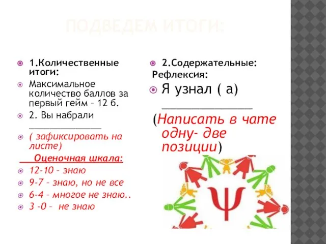 ПОДВЕДЕМ ИТОГИ: 1.Количественные итоги: Максимальное количество баллов за первый гейм – 12