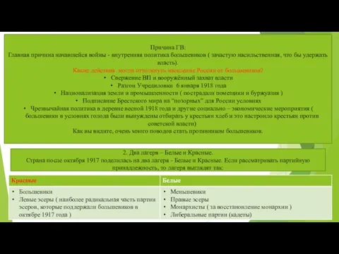Причина ГВ: Главная причина начавшейся войны - внутренняя политика большевиков ( зачастую