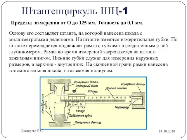 Штангенциркуль ШЦ-1 Пределы измерения от О до 125 мм. Точность до 0,1
