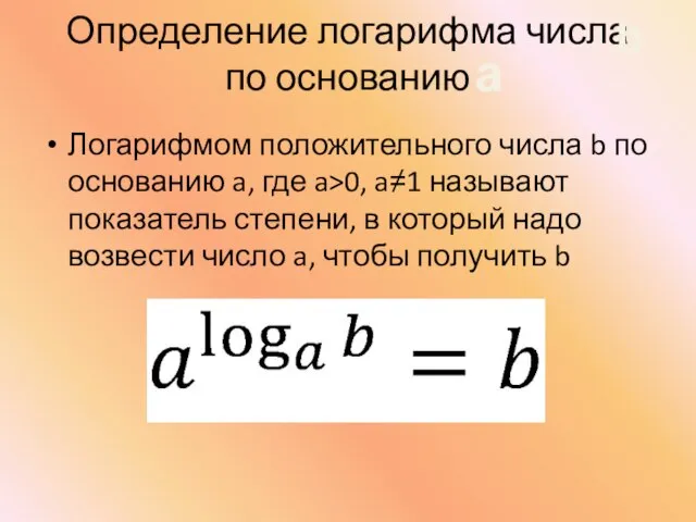 Определение логарифма числа по основанию Логарифмом положительного числа b по основанию a,