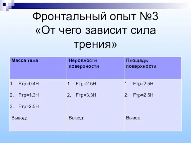 Фронтальный опыт №3 «От чего зависит сила трения»