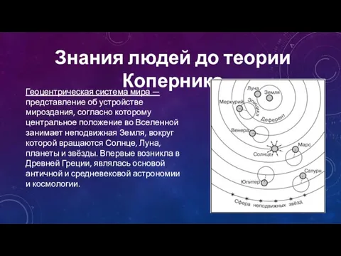 Знания людей до теории Коперника Геоцентрическая система мира — представление об устройстве