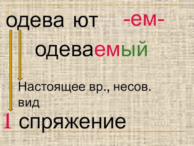 одева ют -ем- одеваемый Настоящее вр., несов. вид 1 спряжение