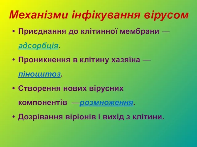 Механізми інфікування вірусом Приєднання до клітинної мембрани —адсорбція. Проникнення в клітину хазяїна