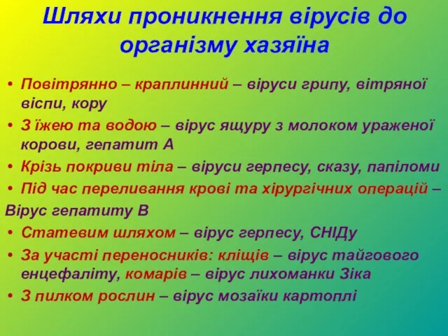 Шляхи проникнення вірусів до організму хазяїна Повітрянно – краплинний – віруси грипу,