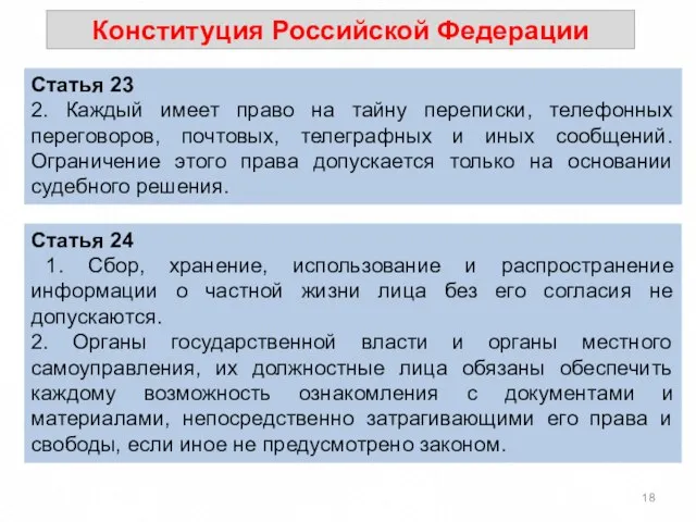 Конституция Российской Федерации Статья 23 2. Каждый имеет право на тайну переписки,