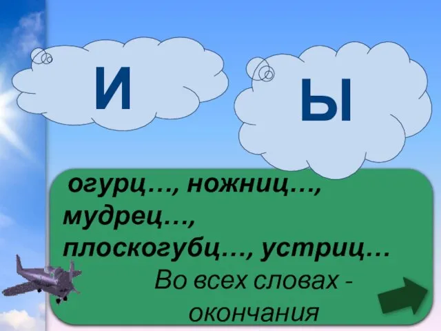 огурц…, ножниц…, мудрец…, плоскогубц…, устриц… Во всех словах - окончания Ы И