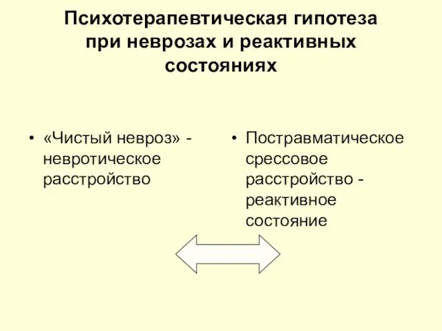 Психотерапевтическая гипотеза при неврозах и реактивных состояниях «Чистый невроз» - невротическое расстройство