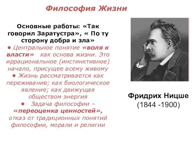 Философия Жизни Основные работы: «Так говорил Заратустра», « По ту сторону добра