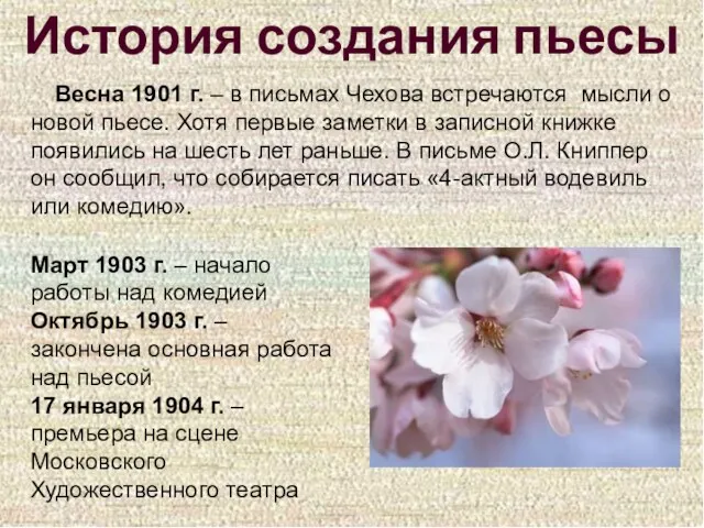 История создания пьесы Весна 1901 г. – в письмах Чехова встречаются мысли
