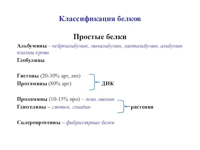 Классификация белков Простые белки Альбумины – нейроальбумин, миоальбумин, лактальбумин, альбумин плазмы крови